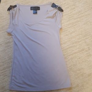 Gray blouse with black leather strap details